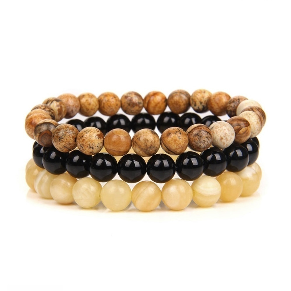 Black Topaz Marbled Beaded Stretch Set Of 3 Bracelets